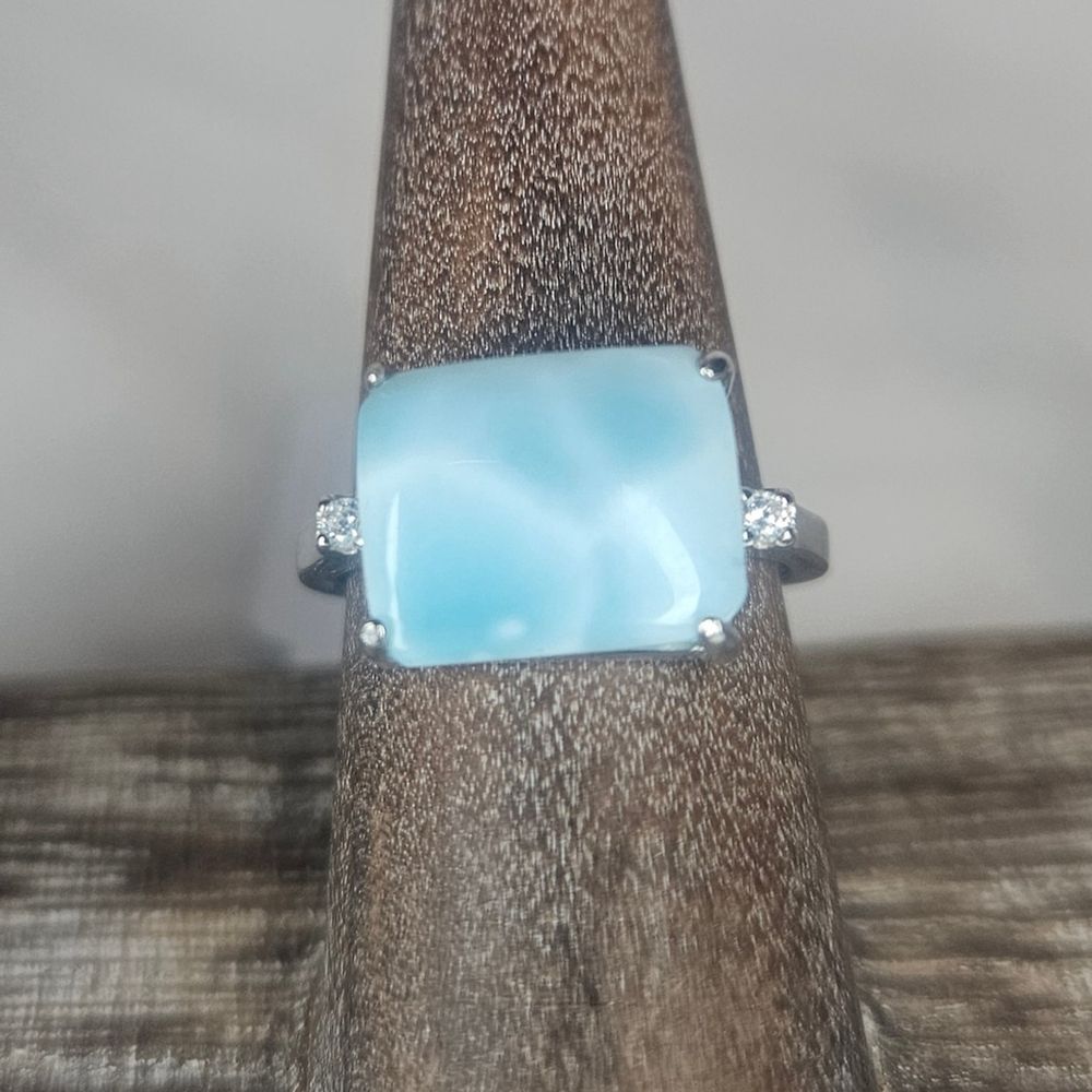 Natural Larimar & White Topaz Ring in 925 Sterling Silver 6ct Caribbean Larimar
